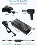 24V DC Power Supply 5A AC Adapter 100-240V Universal Wall Transformer For LED Strips CCTV Cameras Printers And LCD Monitors 5.5x2.5mm Output Jack Also 5.5x2.1mm Use At Or Below 80 Percent Load showing plug and dimensions.