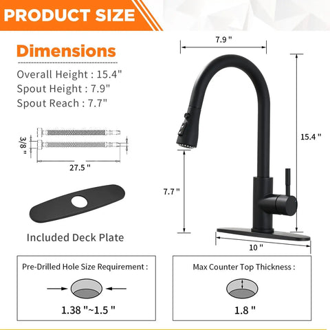Dimensions of Matte Black Kitchen Faucet With Pull Down And Pull Out Sprayers, One Hole Deck Mount, Single Handle Stainless Steel Assembly.