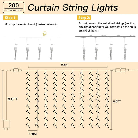 Diagram of 200 LED Curtain String Lights 9.8 By 6.6 Feet Plug In Fairy Lights illustrating setup instructions for use.