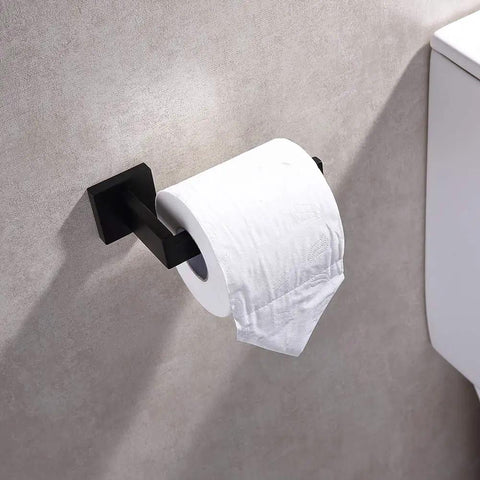 Matte Black Toilet Paper Holder Stainless Steel Wall Mount Dispenser in bathroom, Modern Square Style, with roll mounted horizontally