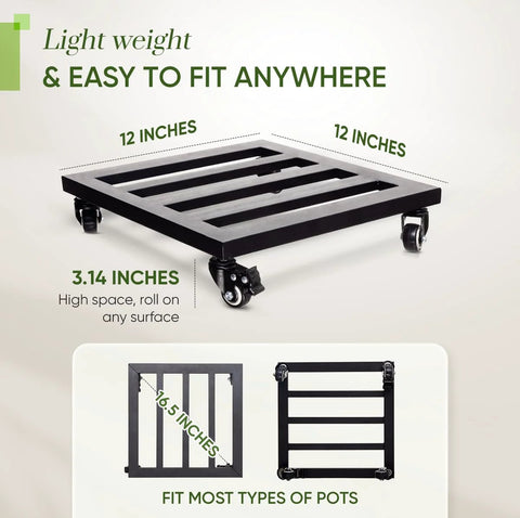 Lockable Heavy Duty Plant Caddy Trolley With 12 Inch Wheels Steel Construction 385 Lb Capacity Rustproof Matte Coat