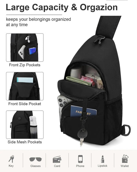 Waterproof Sling Bag For Travel And Hiking Convertible Crossbody Chest Bag with multiple pockets, displaying keys and phone.