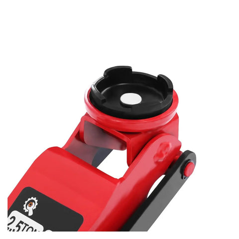 Heavy Duty Two Point Five Ton Hydraulic Floor Jack With Drop Flat Profile And Three Sixty Slick Swivel Wheels close-up of lifting pad.