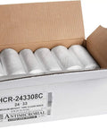 Heavy Duty Clear Trash Bags 1000 Count 12 To 16 Gallon Size 24 By 33 Inch Coreless Rolls in an open cardboard box.