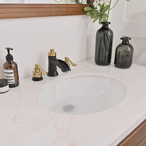 Brushed Nickel Waterfall Widespread Bathroom Faucet 8 Inch, two handle 3 hole lavatory tap with water flowing, modern farmhouse style