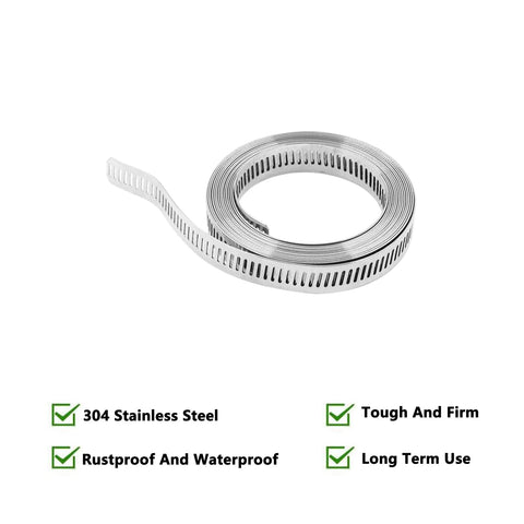 Worm gear hose clamp coil in 304 stainless steel; adjustable long pipe clamp with fasteners.