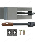 Dead Nuts Secure Six Inch Bench Vise With Hella Precision CNC Milling Clamping Jaw and accessories laid flat.