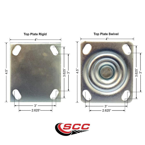 Top-plate caster set: 4 high-temp phenolic plates with 6-in wheels; 2 swivel w/brakes, 2 rigid (SCC)