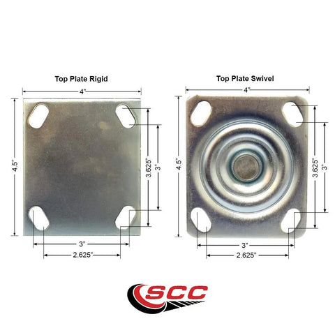 Top Shelf Stainless Steel Glass Filled Swivel Top Plate Caster Set Of Four With 8 Inch Badass Heavy Duty Nylon Wheels Featuring Twin Braked Rollers Paired With Flat Rigid Mounts Built Tough For Your Mobile Workbench Needs top plate rigid and swivel views with dimensions shown, 4x4.5 inches.