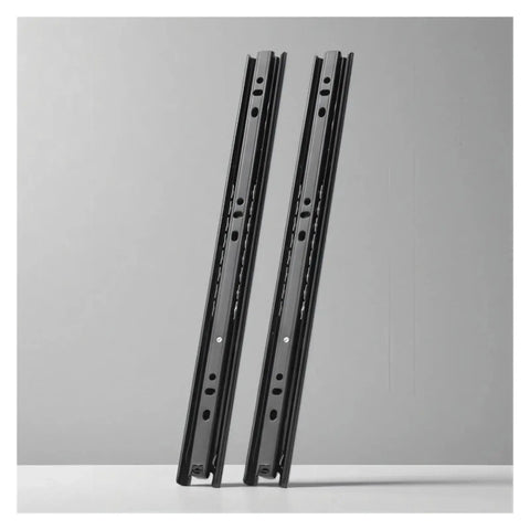 Built Tough Heavy Duty Side Mounted Ball Bearing Drawer Slides Silent Hydraulic Damping Three Section Cabinet Hardware Smooth As Butter Full Extension 12 Inches in black steel.