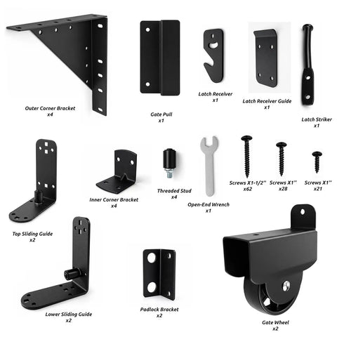 Heavy Duty Sliding Gate Kit With Anti Sag Fence Hardware Roll Wheels And Latch Universal Corner Braces For 1 To 2 Inch Wood Gates Smooth And Quiet Rolling Easy DIY Installation, parts layout