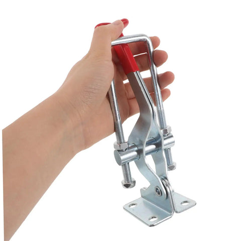 Heavy Duty Toggle Latch Clamp Set Of 2 With 2183 Lbs Holding Capacity Anticorrosive Galvanized Iron Quick Release Pull Latch For Toolbox And Drawer Chests Built To Last Tough As Nails Ready To Roll, hand holding one latch