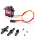 MG90S Micro Servo 9G Geared Servo For RC Hobbyists with M-F Cable, arm attachments, and screws displayed on a white background.