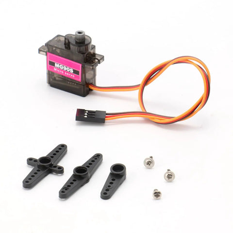 MG90S Micro Servo 9G Geared Servo For RC Hobbyists with M-F Cable, arm attachments, and screws displayed on a white background.
