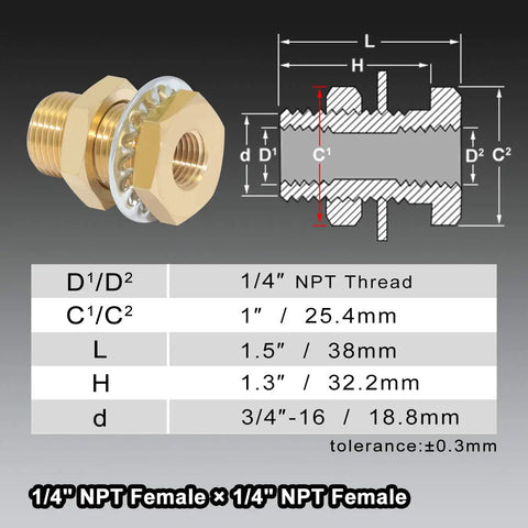Beefy Brass Bulkhead Fittings 1/4 NPT Female To 1/4 NPT Female Straight Connector, diagram and dimensions shown
