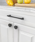 Matte Black Cabinet Pulls 5 Inch 128mm Hole Center 10 Pack Drawer Handles For Kitchen Cabinets And Bathroom Vanity Doors Hardware With Durable Construction And Easy Installation ZH0074 installed on white drawer