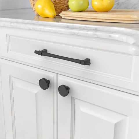 Matte Black Cabinet Pulls 5 Inch 128mm Hole Center 10 Pack Drawer Handles For Kitchen Cabinets And Bathroom Vanity Doors Hardware With Durable Construction And Easy Installation ZH0074 installed on white drawer