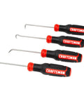 Four Piece Precision Screwdriver Set With Bi Material Handles, Stainless Steel Shafts, Red Color, Hook Tip Design For Industrial And Automotive Use, Durable, Corrosion Resistant Tools displayed on white background.