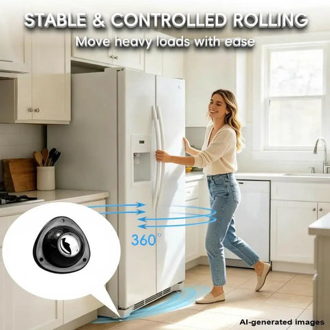 Black Self Adhesive Caster Wheels Four Pack Low Profile Swivel Rollers used for moving a refrigerator easily in a kitchen.