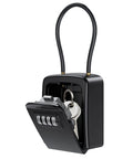Outdoor Key Lock Box With 4-Digit Combination, open with visible keys inside, removable chain attached, weatherproof design.