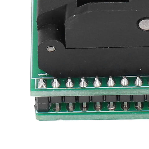 Close-up of QFP32 to DIP32 programming socket for 2.54mm pitch PCB showing pin interface and durable construction