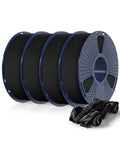 Side view: PETG 1.75mm filament four-pack on blue spools; black filament with included small model car for scale.