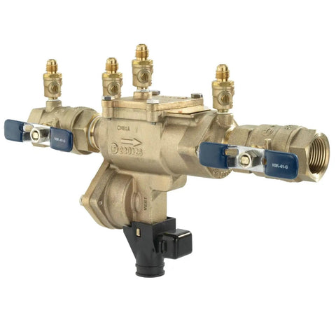 Lead-Free Bronze RPZ Backflow Preventer Assembly With Integrated Flood Sensor And 1 Inch NPT Connections, side view highlighting ports and check valves.