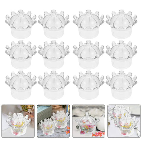12 Pack Plastic Candy Packaging Boxes With Lids For Sweets And Snacks displayed in a grid, ideal for weddings and parties.