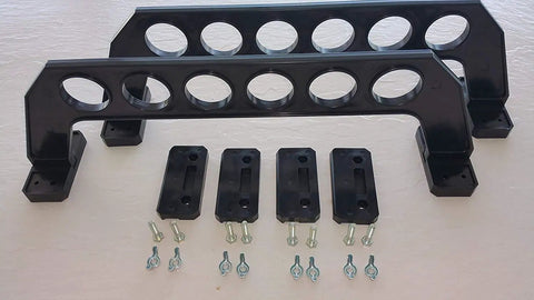 Garage Door Storage Rack for Fishing Gear 21 Inch Black ABS Rod Holder and mounting accessories displayed on a white surface.