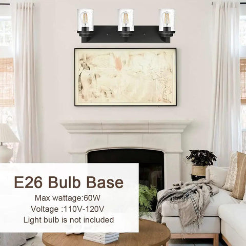 Living room with a Three Light Matte Black Vanity Light With Seeded Glass Shades for Bathroom, Kitchen, Bedroom, Hallway and Stairs.