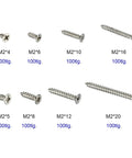 Various sizes of stainless steel chipboard screws with partial thread for wood and furniture assembly, pack of 800, M2 size.