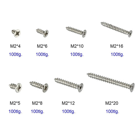 Various sizes of stainless steel chipboard screws with partial thread for wood and furniture assembly, pack of 800, M2 size.