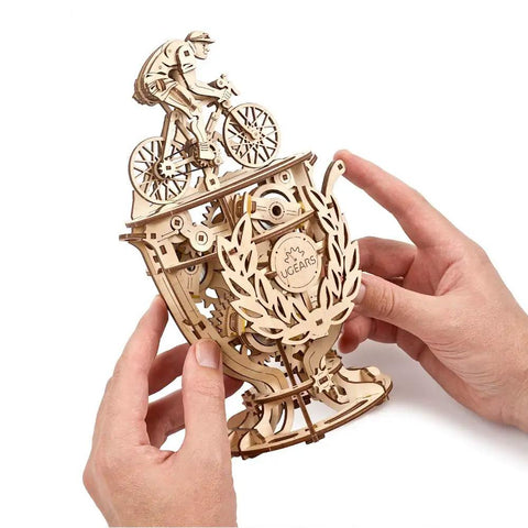 Automaton Cyclist 3D Wooden Puzzle Kit For Adults Mechanical Bicycle Model And Brain Teaser Hobby Set Vintage Style Craft Build For Men Hands On DIY Project Relaxing Puzzle To Launch The Cyclist, wooden launcher in hands