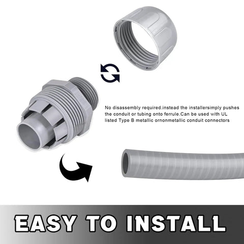 3/4 Inch Liquid Tight PVC Conduit Connector with nonmetallic fittings shown for easy installation with flexible conduit