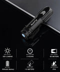 Black mini flashlight with clip, features listed: 300 lumens max output, 3 hours runtime, 60 meters max throw, 500mAh battery.