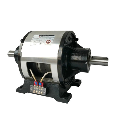 Side view of magnetic powder brake assembly, DC24V, 25Nm, double-shaft, mounted on black base with terminal block.