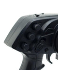 Close-up of 3 Channel 2.4G Anti-Jamming RC Transmitter controls for RC cars and boats, highlighting knobs and trigger