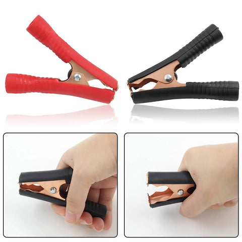 Beefy Insulated Alligator Clips Kit, 10 Pieces, showing red and black durable metal clips, spring loaded jaws in hand, 100 Amp.
