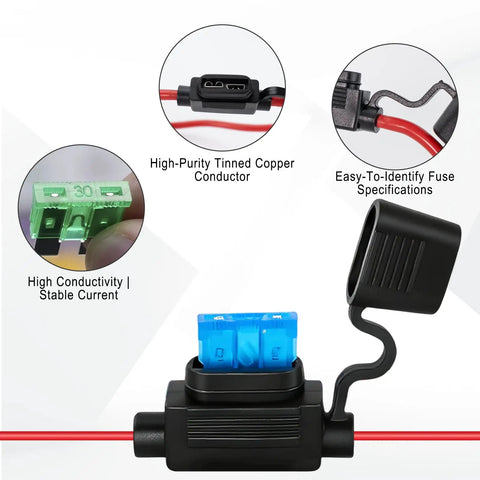 Heavy Duty 12V Waterproof Inline Fuse Holder Kit For Auto Truck Marine RV And Boat Rigs Featuring 35 Assorted Car Fuses showing conductor and fuse details.