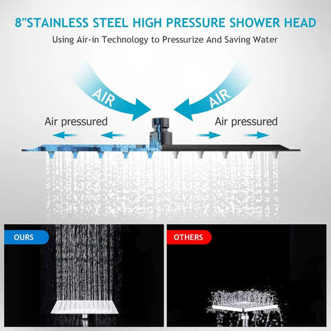8 Inch Rain Shower Head With 11 Inch Adjustable Arm And 60 Inch Hose, High Pressure Handheld Combo With 3 Spray Settings. Air-pressured feature demo.