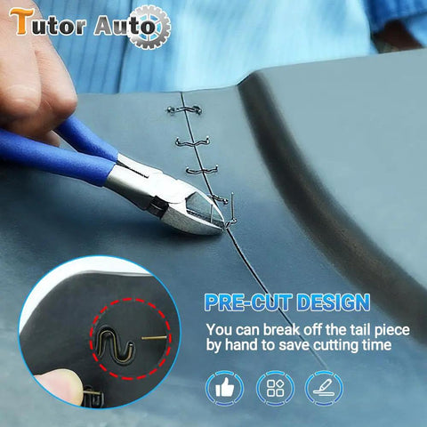 Using Hot Staples Plastic Welder Repair Kit With 1300 Pcs for fixing car bumper with flat staples and pliers for auto repair.