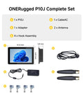 ONERugged P10J Complete Set with 10.12 inch display, adapter, cables, antennas, and hook assembly for rugged use.