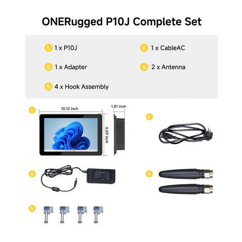 ONERugged P10J Complete Set with 10.12 inch display, adapter, cables, antennas, and hook assembly for rugged use.