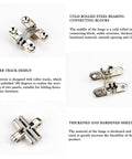 Hidden Zinc Alloy 180 Degree Concealed Cross Hinges For Furniture Cabinets Small Size Durable Invisible Door Hinge Kit With Easy Install And Screws Included displayed with steel bearing blocks and roller track design.