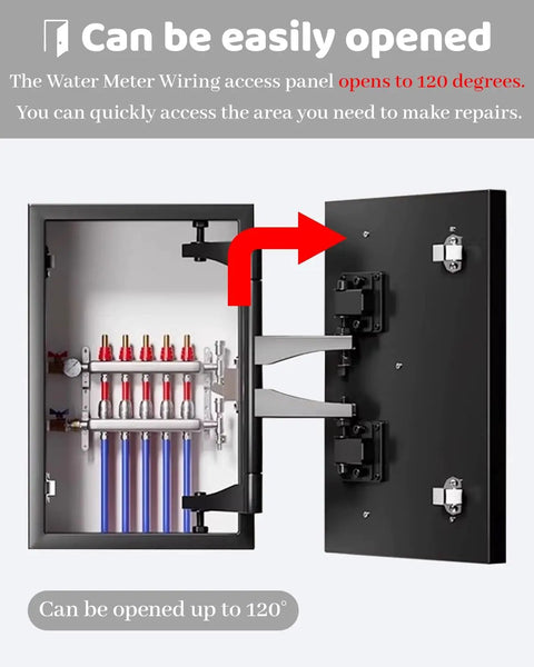 Slick Magnetic Inspection Hatch With Seamless Steel Frame For Drywall Shower Access Smooth Hidden Cover Plug And Play Install 14 X 14 Inch open at 120 degrees to reveal plumbing access.