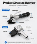 Top-Tier Pneumatic Steel Strapping Machine Heavy Duty Split Tensioner With Cutter And Sealer features labeled parts for easy operation.