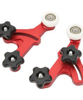 Built Tough Adjustable Table Saw Stock Guide With Slick Rolling Aluminum Bearing Wheels for woodworking; Red aluminum body with black knobs.