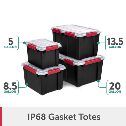 Rugged 5 Gallon Waterproof Storage Bin With Tight Gasket Seal And Heavy Duty Latches, stacked bins of various sizes including 5 and 8.5 gallons.