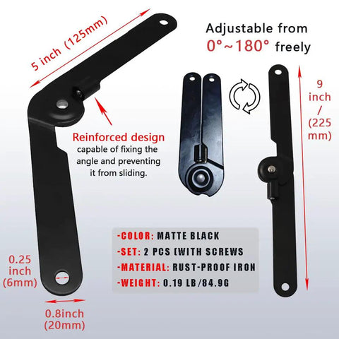 Two Pack 180 Degree Locking Hinges Heavy Duty Folding Lid Supports Rust Proof Metal dimensions and features illustrated