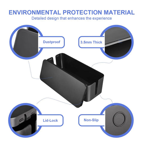 Triple Cable Organizer Box Set for Desk Tidy Up Wires Like a Pro with black dustproof box, lid-lock, non-slip base.